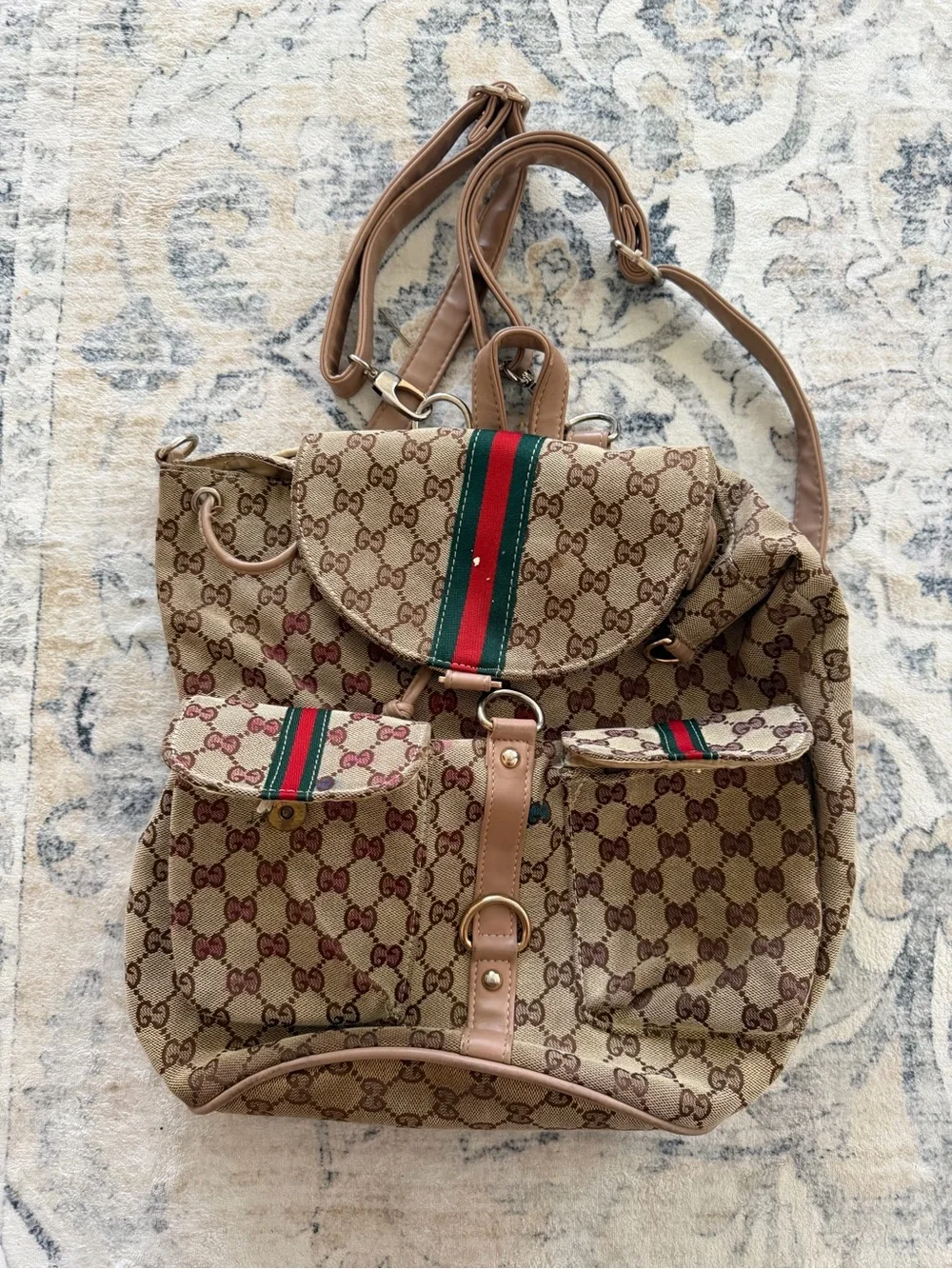 Designer-Style Brown Canvas Backpack with Green-Red Stripe